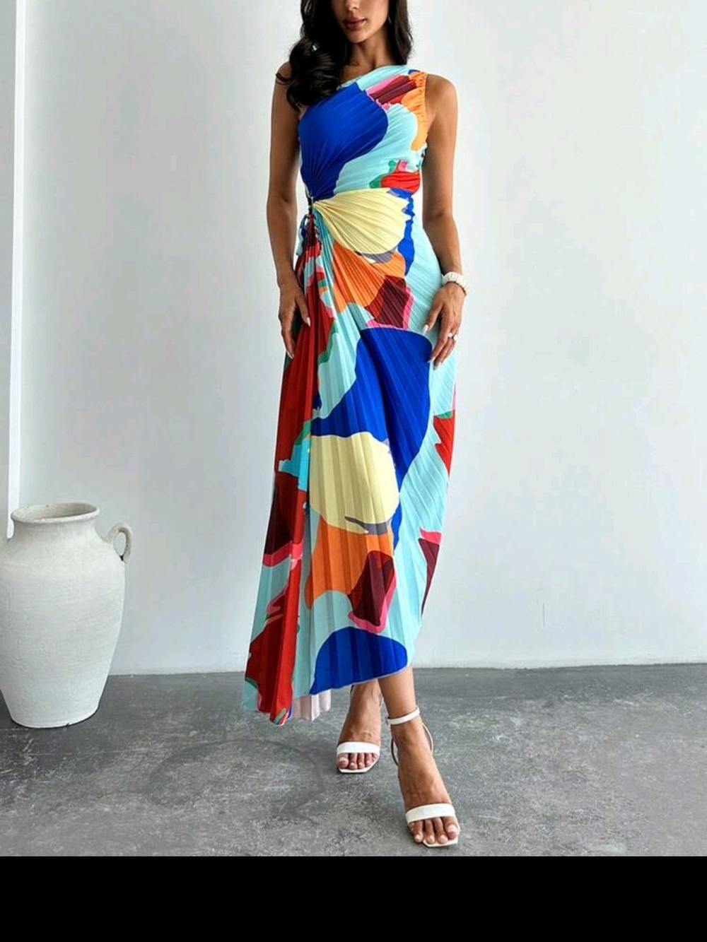 Abstract Multi-Color Pleated Maxi Dress